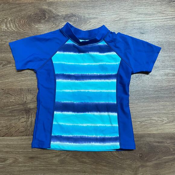 Lands End Blue Teal Girls Short Sleeve Rash Guard Size 4/Small Striped - Picture 1 of 6